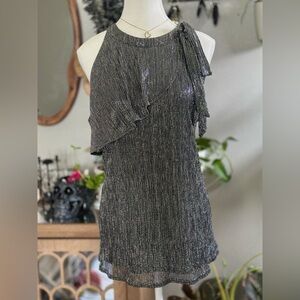 Nine West XL Metallic Black Silver Ruffle Tie Neck Blouse